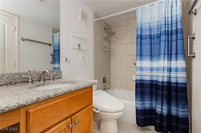 full bathroom featuring shower / tub combo, visible vents, toilet, tile patterned floors, and vanity