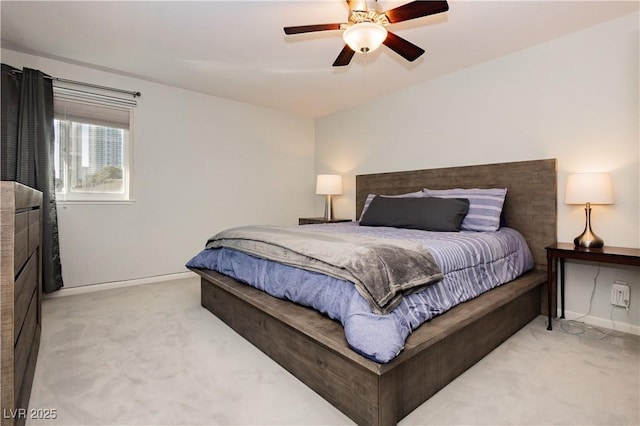 bedroom featuring carpet, baseboards, and ceiling fan