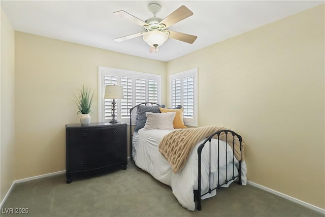 bedroom featuring ceiling fan, baseboards, and carpet flooring