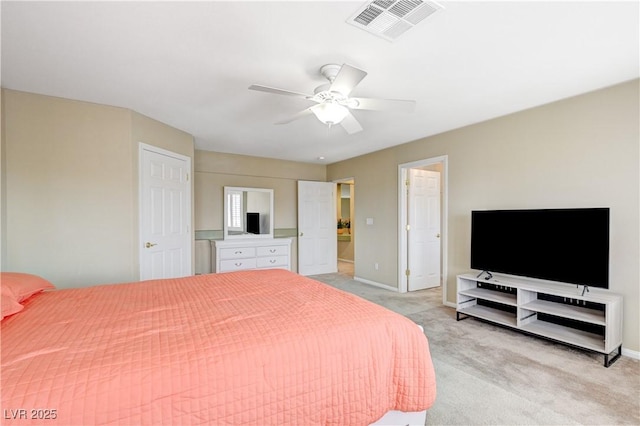 bedroom with a ceiling fan, visible vents, light carpet, and baseboards