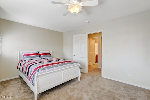 bedroom featuring baseboards, ceiling fan, vaulted ceiling, and light colored carpet