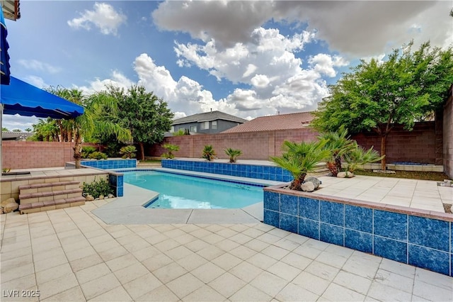 view of swimming pool with a fenced backyard, a fenced in pool, and a patio