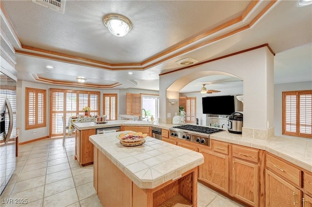 kitchen with a peninsula, stainless steel appliances, a raised ceiling, and a center island