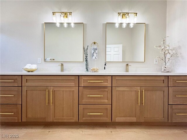 full bathroom featuring double vanity, wood finished floors, and a sink