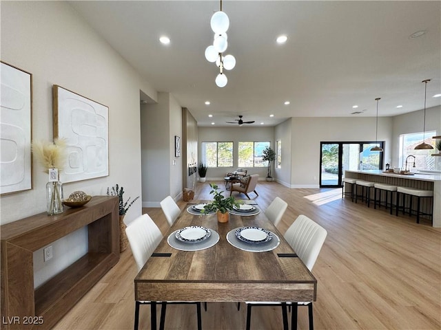 dining area featuring recessed lighting, baseboards, light wood-style floors, and ceiling fan