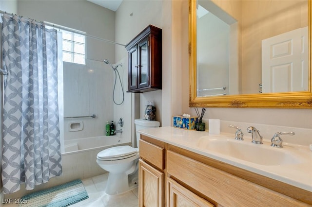 bathroom featuring toilet, shower / tub combo, vanity, and tile patterned floors