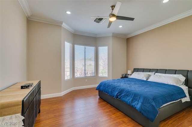 9816 Gerald Ct, Las Vegas, NV 89134 - bedroom with recessed lighting, wood finished floors, ornamental molding, and ceiling fan