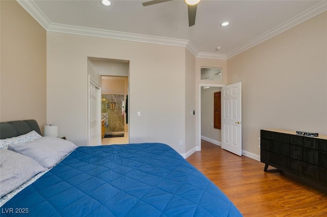 bedroom with ornamental molding, recessed lighting, baseboards, and wood finished floors