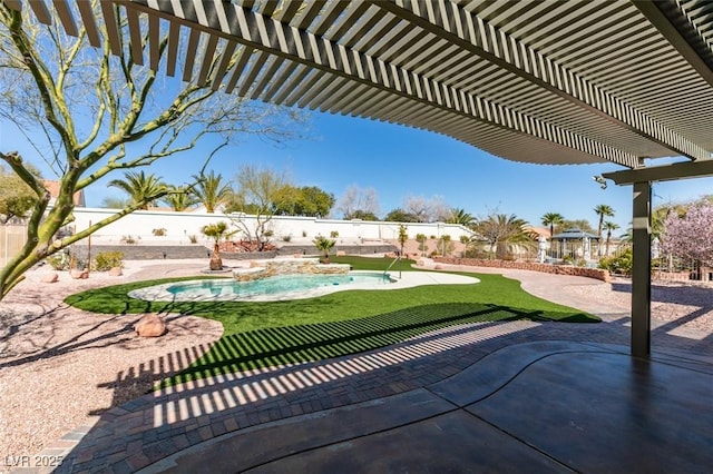 view of patio with a fenced backyard, a pergola, and a fenced in pool