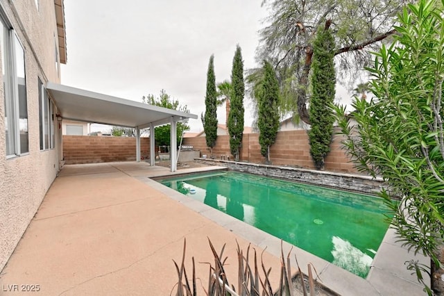 view of swimming pool with a fenced in pool, a fenced backyard, and a patio