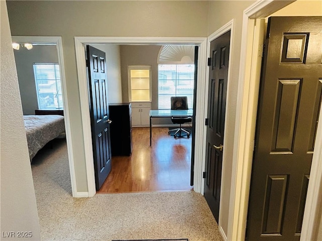 corridor featuring carpet floors, wood finished floors, and baseboards