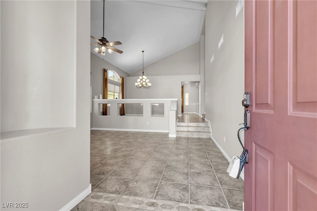 3047 Whispering Crest Dr, Henderson, NV 89052 - entrance foyer featuring a chandelier, a ceiling fan, baseboards, high vaulted ceiling, and light tile patterned floors