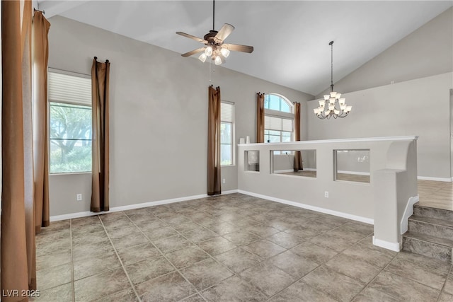 3047 Whispering Crest Dr, Henderson, NV 89052 - unfurnished room with vaulted ceiling, a ceiling fan, a chandelier, and baseboards