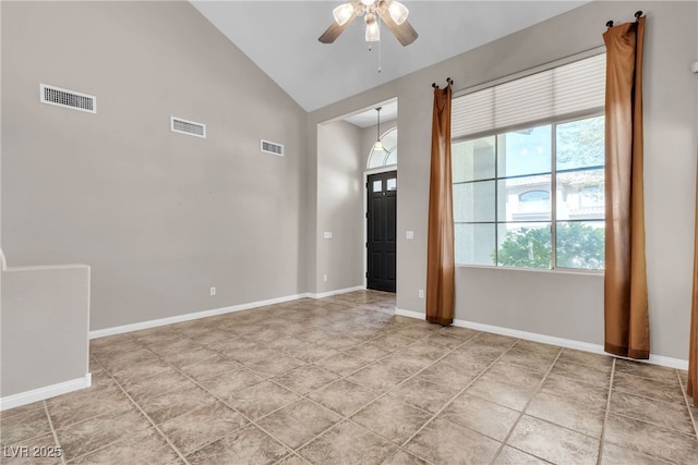 3047 Whispering Crest Dr, Henderson, NV 89052 - empty room featuring a ceiling fan, high vaulted ceiling, baseboards, and light tile patterned floors