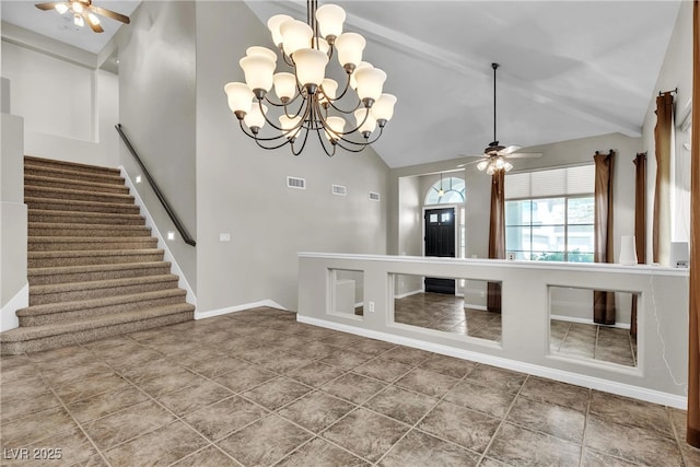 3047 Whispering Crest Dr, Henderson, NV 89052 - tiled foyer entrance with a ceiling fan, high vaulted ceiling, stairs, baseboards, and a chandelier