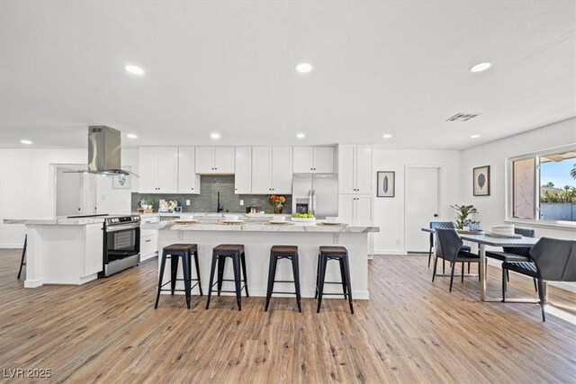 kitchen with island range hood, white cabinets, visible vents, appliances with stainless steel finishes, and a breakfast bar