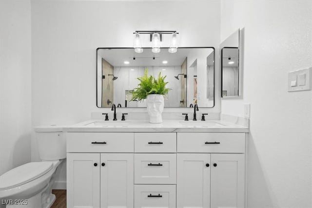 bathroom with toilet, a stall shower, double vanity, and a sink