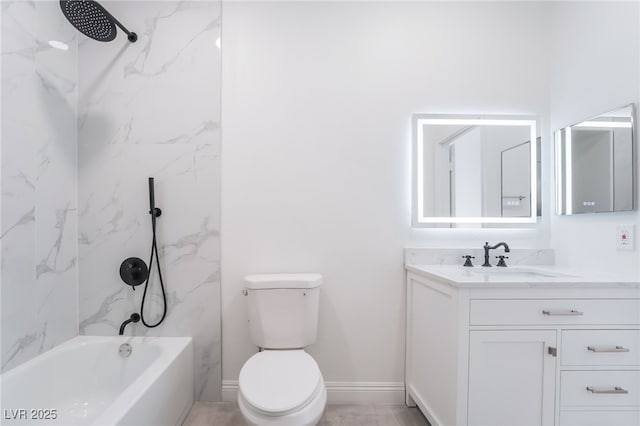 full bath featuring toilet, baseboards, shower / bathing tub combination, and vanity