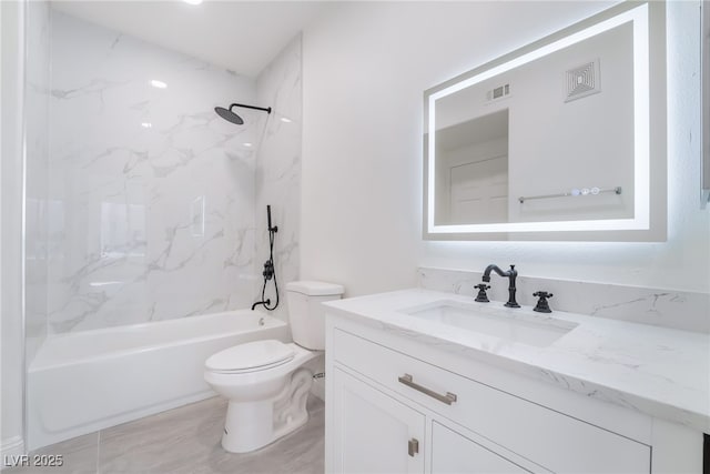 full bath featuring toilet, shower / bathtub combination, visible vents, and vanity