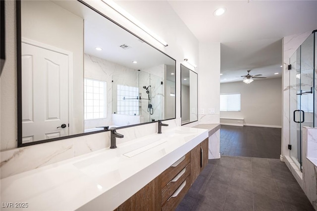 bathroom with a sink, double vanity, a marble finish shower, and visible vents