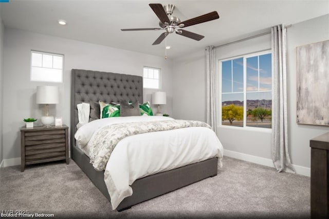 bedroom with carpet, baseboards, a ceiling fan, and recessed lighting