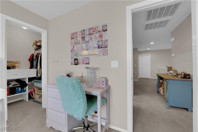 home office with recessed lighting, carpet flooring, and baseboards