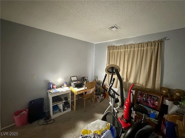 office with a textured ceiling, carpet, and visible vents