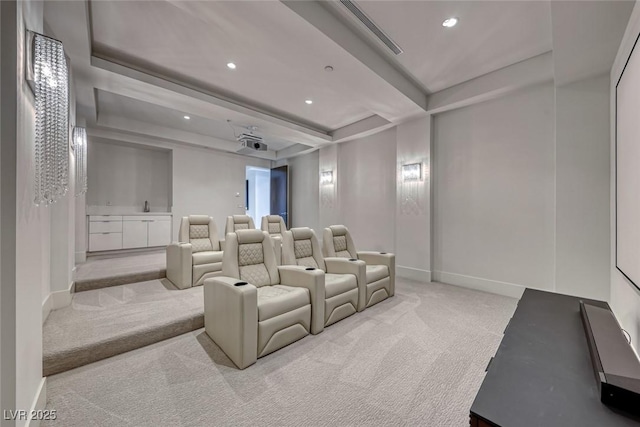 cinema room with baseboards, carpet floors, a raised ceiling, and recessed lighting