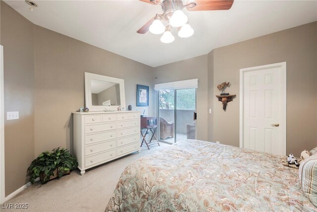 bedroom featuring ceiling fan, access to outside, and light carpet