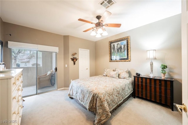 bedroom featuring visible vents, baseboards, ceiling fan, light carpet, and access to outside