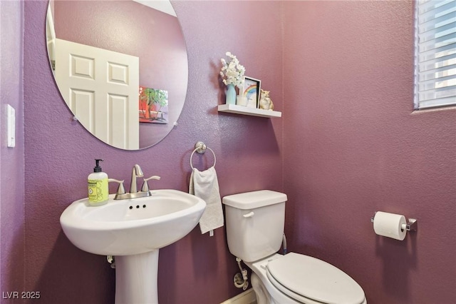 bathroom with toilet and a textured wall