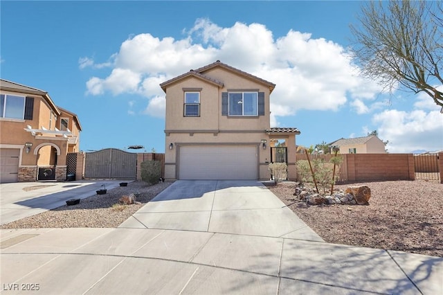 view of front facade with stucco siding, a gate, fence, a garage, and driveway