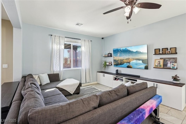 living area with a ceiling fan, visible vents, and light tile patterned flooring