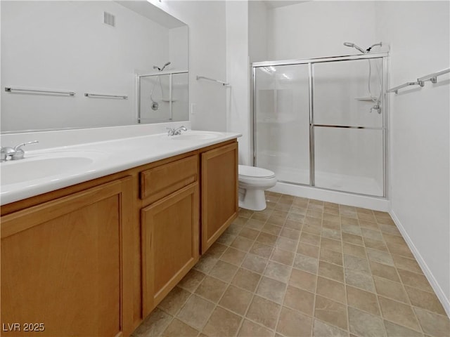 bathroom featuring a sink, visible vents, double vanity, and a shower stall