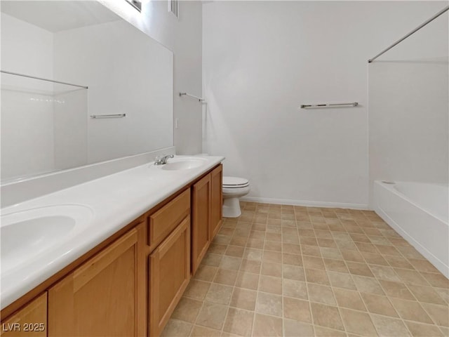 full bath featuring visible vents, toilet, shower / bath combination, double vanity, and a sink