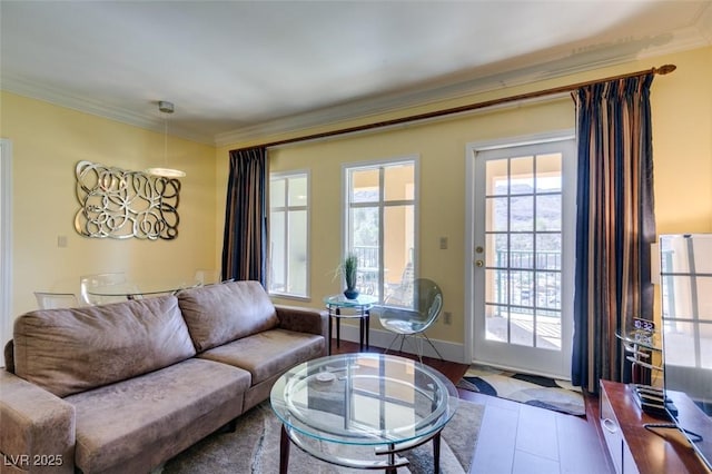 living room with baseboards and crown molding