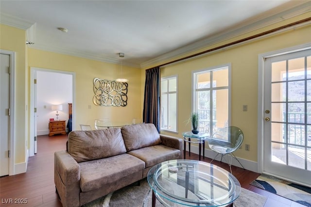 living room with crown molding, baseboards, and wood finished floors