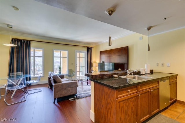 kitchen with dishwasher, dark countertops, brown cabinets, wood finished floors, and a sink