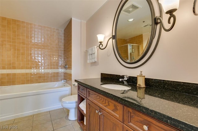 bathroom with shower / bathtub combination, tile patterned flooring, toilet, vanity, and visible vents