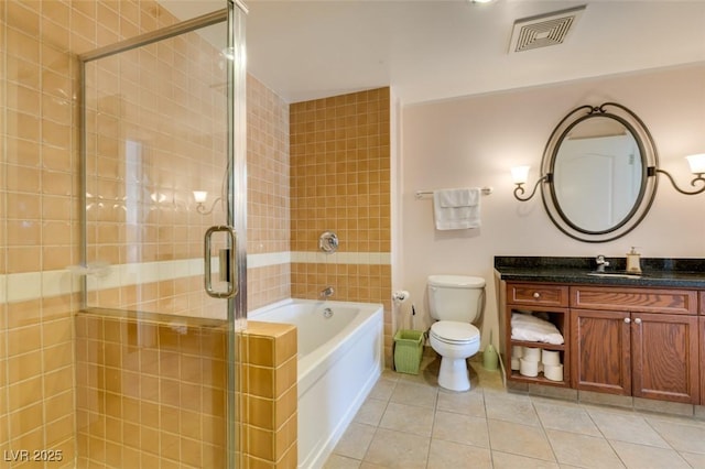 bathroom featuring a shower stall, visible vents, a bath, and tile patterned floors