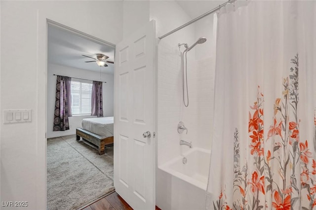 ensuite bathroom with a ceiling fan, shower / tub combo with curtain, and ensuite bath