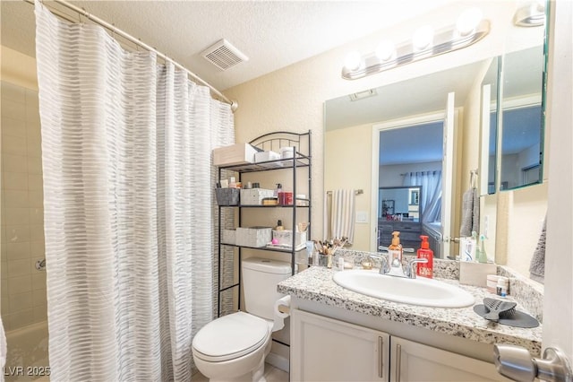 full bath featuring shower / bath combo, visible vents, toilet, a textured ceiling, and vanity