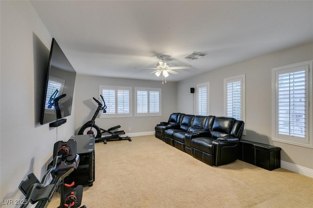 workout room with baseboards, carpet, visible vents, and a wealth of natural light