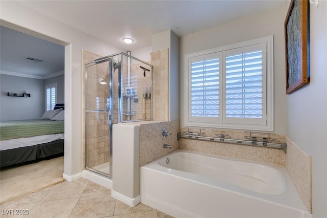 ensuite bathroom with tile patterned flooring, connected bathroom, visible vents, a shower stall, and a bath