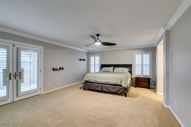 bedroom with access to outside, light colored carpet, crown molding, and baseboards