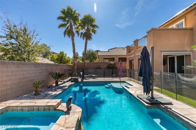 view of pool featuring a patio, a fenced backyard, and a fenced in pool