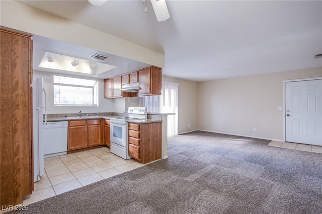 kitchen with under cabinet range hood, white appliances, a raised ceiling, and light colored carpet