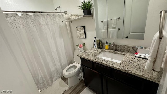 full bathroom with toilet, curtained shower, and vanity