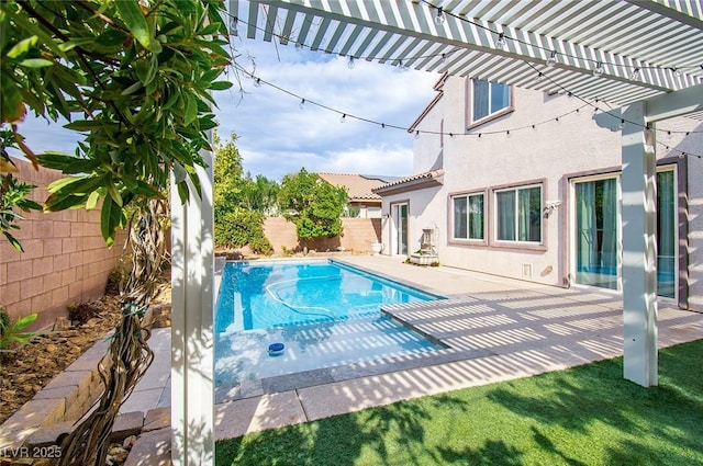 view of swimming pool featuring a patio area, a fenced backyard, a fenced in pool, and a pergola