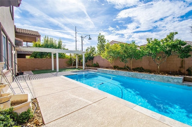 view of pool with a patio area, a fenced backyard, a fenced in pool, and a pergola